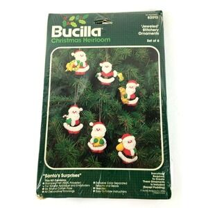Bucilla  Santas Surprises Christmas Embroidery Jeweled Stitchery 6 Ornaments